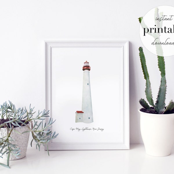 Cape May Lighthouse Printable, illustration, art print, nursery decor, landmark, kids room, travel print, new jersey, watercolor, home decor