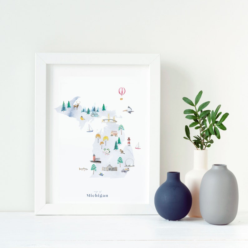 Michigan Illustrated State Map Wall Art Print Nursery Decor | Etsy