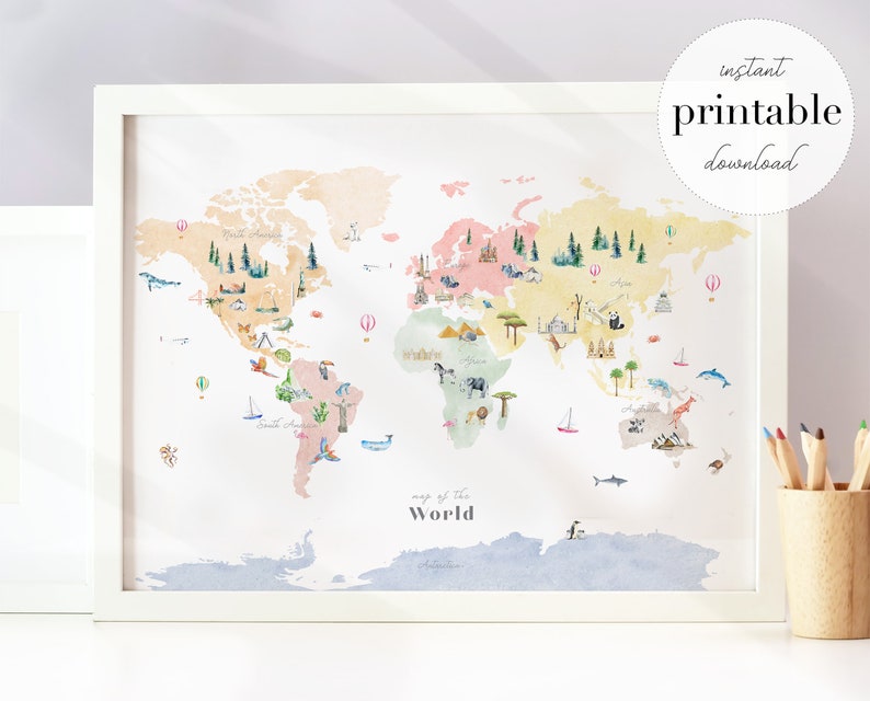 Illustrated Multicolor World Map Printable Nursery Decor Etsy