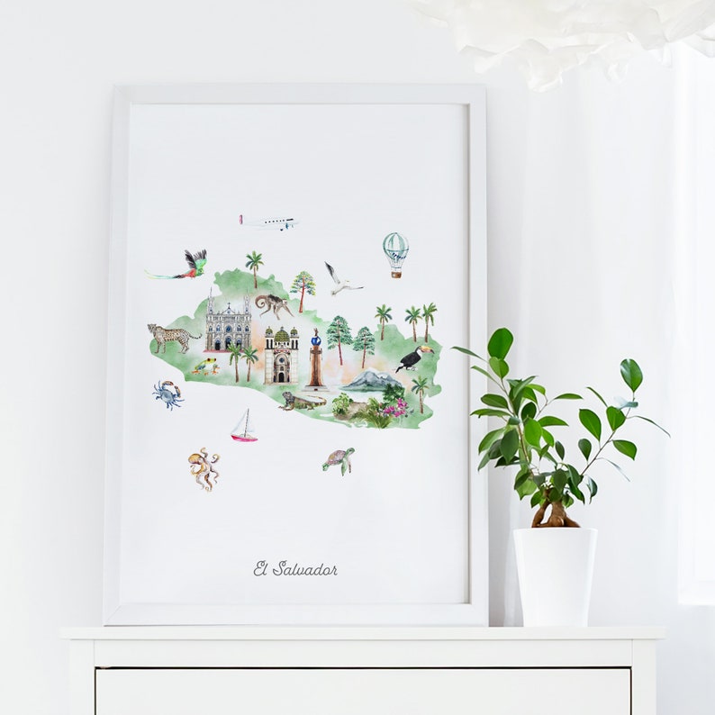 Puede incluir: Una ilustraci&oacute;n de acuarela de El Salvador, que presenta un mapa del pa&iacute;s con varios puntos de referencia, animales y plantas. La ilustraci&oacute;n incluye una iglesia, un volc&aacute;n, un globo aerost&aacute;tico, un tuc&aacute;n, un mono, una tortuga marina, un cangrejo, un pulpo y un velero.