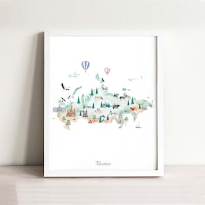 Russland Karte illustrierte Kunstdruck | Home Dekor Reise Poster | Kinderzimmer Kunst Travel Map | Karte Drucken | Fernweh Travel Art | Aquarell Landkarte