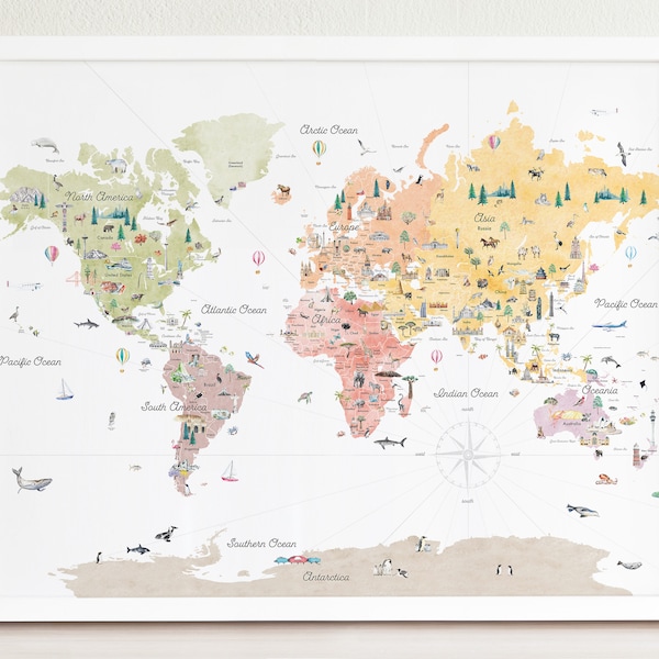 Carte du monde éducative tons de terre | Décoration murale bohème pour enfants | Carte du monde des enfants | Impression d'art de voyage pour chambre d'enfant | Décoration d'intérieur carte du monde illustrée