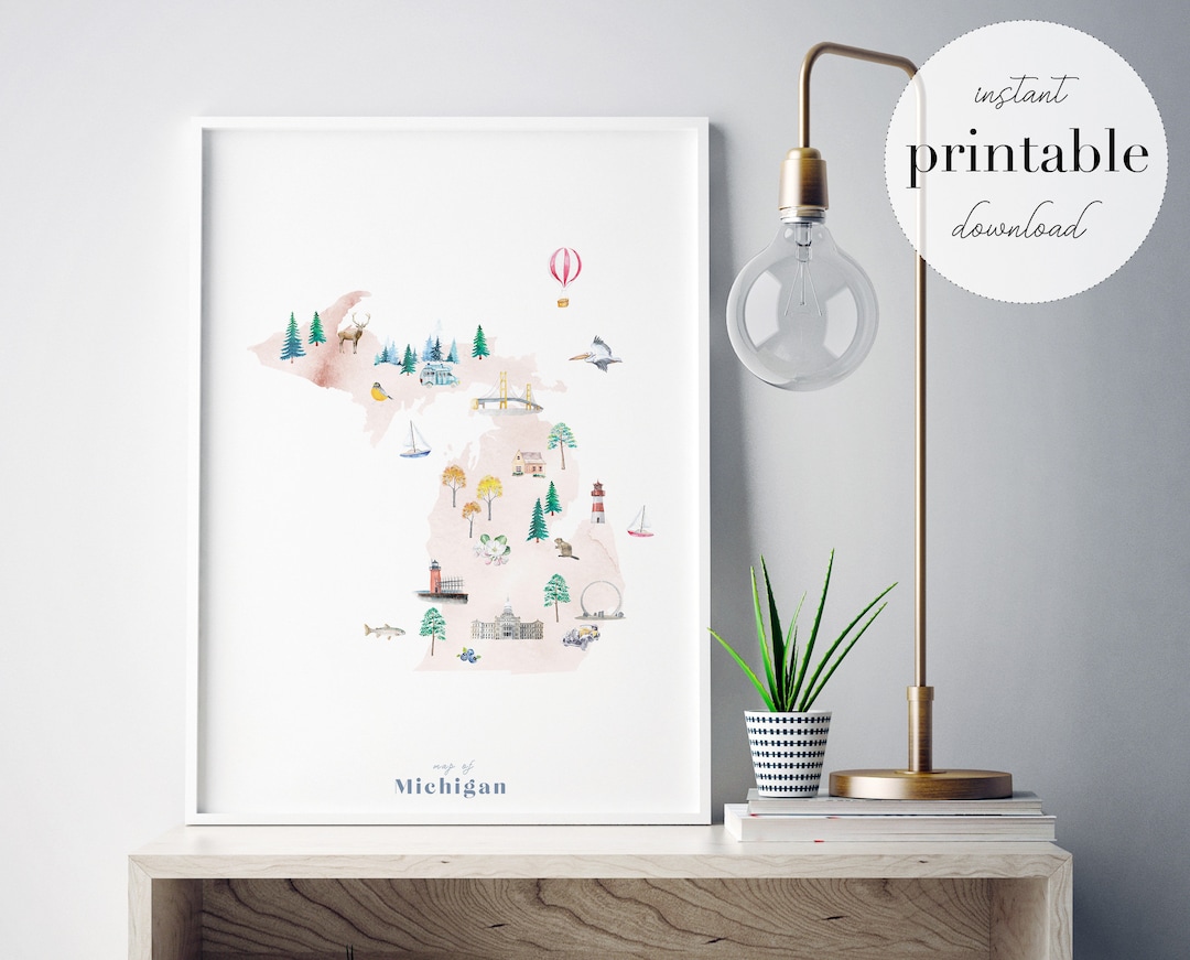Michigan Printable State Map, Illustrated Wall Art Print, Nursery Decor ...