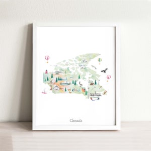 Impression d'art illustrée de carte du Canada, aquarelle, décoration murale, décoration de chambre d'enfant, affiche de carte du monde, art de chambre d'enfant, carte de voyage, impression de carte, art de chambre d'enfant