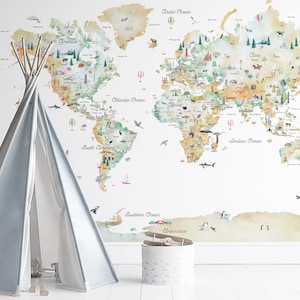 Gradiënt educatieve wereldkaart muur sticker | Speels kinderkamerdecor | Reiskaart voor kinderen | Wereldkaart voor kinderen | Achtergrondkaart | Grillige muur vastklampen