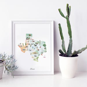 Texas State Map, illustrierte Wandkunst, Drucke, Kinderzimmer, Poster, State Map Poster, USA, Wandbild für Kinder, Kinderzimmer