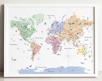 Carte du monde éducative pastels | Carte du monde pour enfants | Pépinière | Carte du monde de l’école à la maison | Impression de voyage | Décoration intérieure | Carte du monde colorée