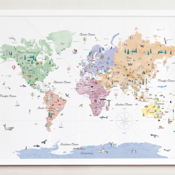 Pastelkleuren Educatieve wereldkaart | Wereldkaart voor kinderen | Kinderdagverblijf | Wereldkaart voor thuisonderwijs | Reisafdruk | Woondecoratie | Kleurrijke wereldkaart