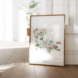 Staatskaart Louisiana Illustrated, New Orleans, kunst aan de muur, decor kinderkamer, kunst aan de muur kinderkamer, poster staatskaart, reiskaart VS, kinderkamer