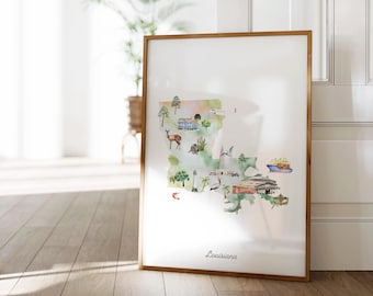 May include: A watercolor illustration of the state of Louisiana with various landmarks and animals. The map is surrounded by a white border and framed in a light brown wood frame. The text "Louisiana" is printed at the bottom of the map.