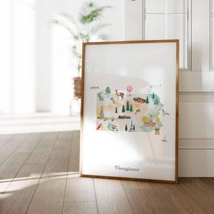 Pennsylvania illustrierte Aquarell Zustand Karte Kunstdruck | Karte fürs Kinderzimmer, Karte für Mädchen und Jungen, Poster für das Land damit