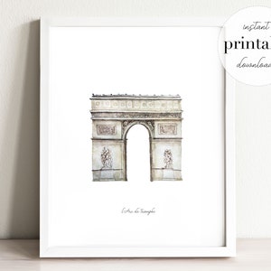 Arc de Triomphe Printable, illustration, wall art print, home decor, french landmarks, kids room, travel print, france, paris, watercolor