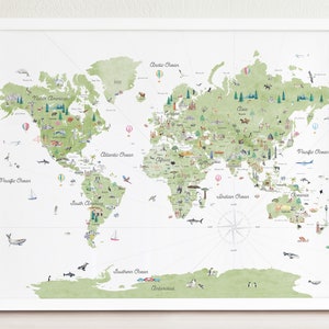 Green Educational World Map | Kids Wall Art, nursery decor, wedding gift, world map poster, kids world map, travel map, watercolor, learn