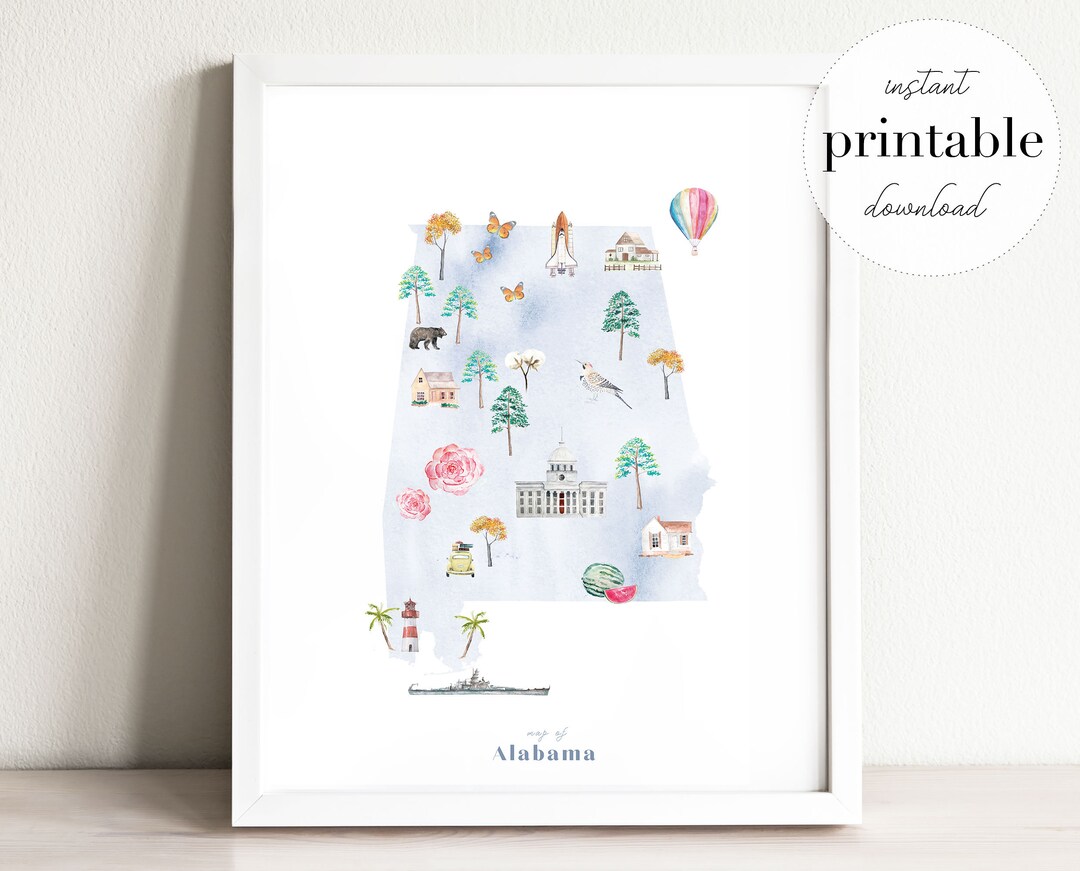 Alabama Printable State Map Illustrated Wall Art Print - Etsy