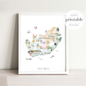 South Africa Illustrated Map Printable, wall art print, nursery decor, landmarks, kids room, travel print, drawing, animal map, country map