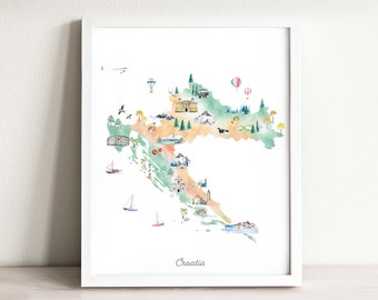 Impression d'art de carte de Croatie illustrée, carte aquarelle, affiche de carte de pays pour chambres d'enfants, oeuvre d'art pour chambre d'enfant, carte de voyage, impression de carte envie de voyager