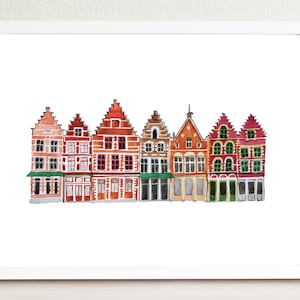 Brugge straatbeeld geïllustreerde kunstprint | Reizen kunstprint | Straattekening | Brugge Reisprint | België kunstprint | Aquarel huizen