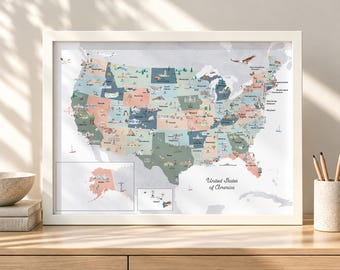 Sky Illustrated Reference United States Map with States, Landmarks, Animals | USA Map Digital Download | Reference Series