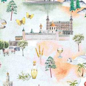 Puede incluir: Una ilustraci&oacute;n acuarela de una escena de ciudad espa&ntilde;ola con un palacio, ramas de olivo, tallos de trigo, una copa de vino, ovejas y mariposas. La ilustraci&oacute;n est&aacute; pintada en colores suaves y pastel sobre un fondo azul claro.