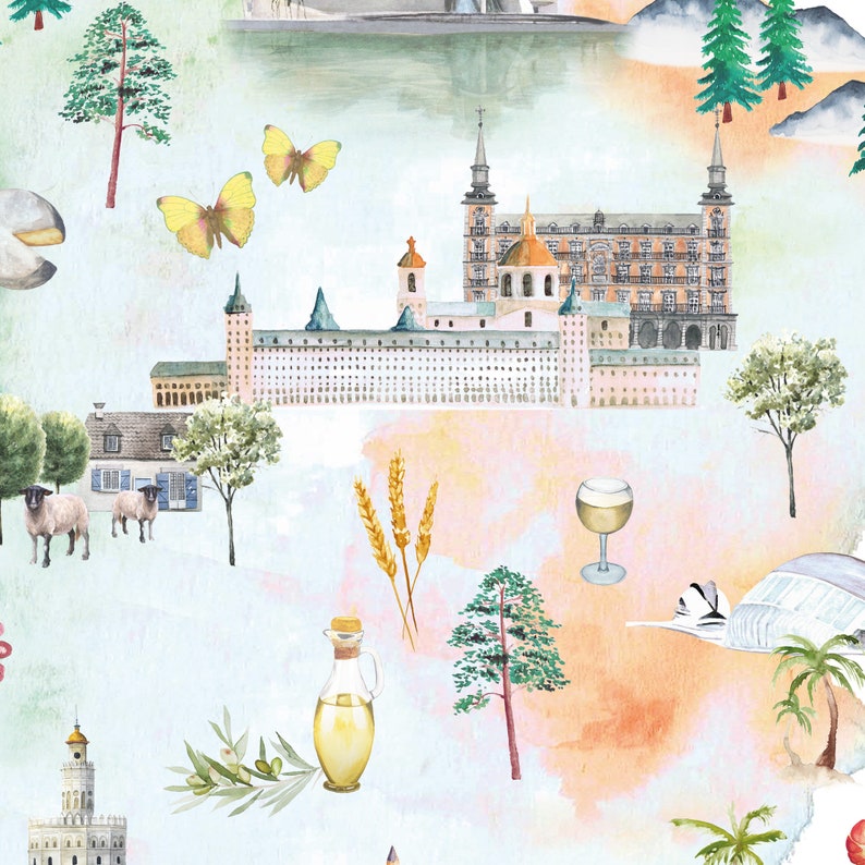 Puede incluir: Una ilustraci&oacute;n acuarela de una escena de ciudad espa&ntilde;ola con un palacio, ramas de olivo, tallos de trigo, una copa de vino, ovejas y mariposas. La ilustraci&oacute;n est&aacute; pintada en colores suaves y pastel sobre un fondo azul claro.