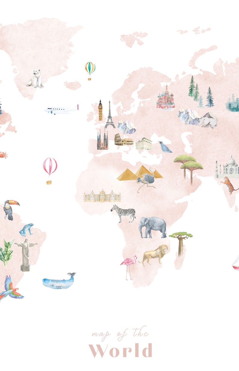 Illustrated World Map Printable wall art print nursery | Etsy