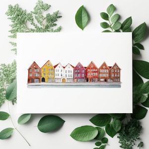 Norwegen Bryggen Waterfront Illustriert Printable | Norwegen | Reise Kunstdruck | Strasse Zeichnung | Norwegen Reise Poster | Skandinavisches Dekor