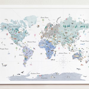 Cool Tones Educational World Map | Boho Kids Wall Art | Kids World Map | Nursery Decor Travel Art Print | Illustrated World Map Home Decor