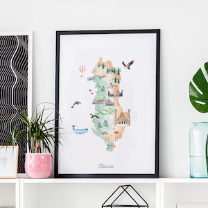 Albanien illustrierte Karte Druckbare, Wand Kunst Druck, Kinderzimmer Dekor, Sehenswuerdigkeiten, Kinderzimmer, Reise, Zeichnung, Tier Karte, Landkarte