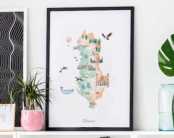 Albania Illustrated Map Print: Watercolor Landmarks, Animals (Digital Download)
