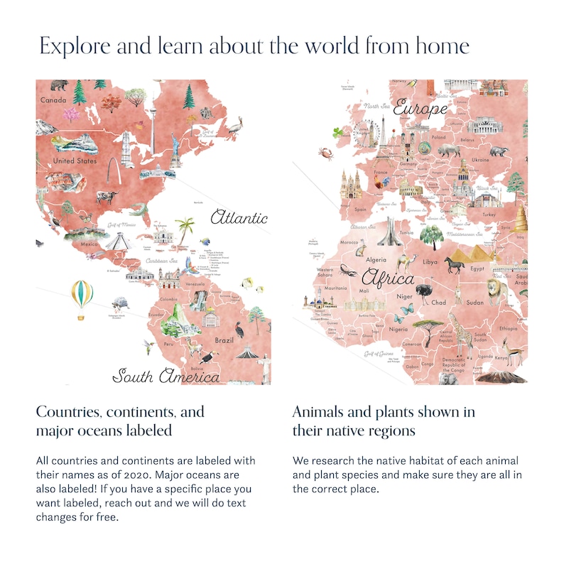 Watercolor World Map Print, Pink Nursery Decor (Digital Download) image 4