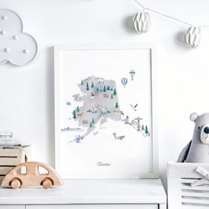 Alaska Bundesstaat Karte, illustrierte Wand Kunst, Poster, Drucke, Küstenlandkarte, Kinderzimmer Wandbild, Poster, Drucke, Landkarte, Tierbild
