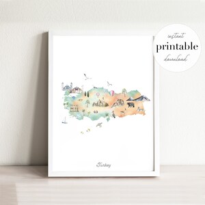 Carte illustrée de la Turquie imprimable, impression d'art mural, décoration de chambre d'enfant, point de repère, chambre d'enfant, impression de voyage, dessin, carte de pays, carte de la Turquie, boho