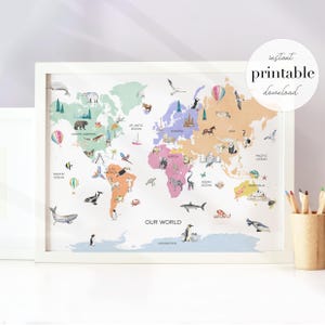 Mapa del mundo imprimible con pasteles para guardería / Mapa del mundo para educación en casa / Mapa del mundo para habitación infantil / Mapa del mundo / Impresión artística para decoración de guardería