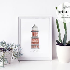 Torre Invercargill para impressão, ilustração, impressão artística de parede, decoração de berçário, ponto de referência, nova zelândia, quarto infantil, viagem, desenho em aquarela