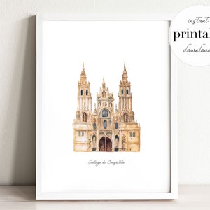 Santiago de Compostela Printable, illustration, wall print, nursery decor, landmark, spain, kids room, travel print, travel art, nursery art