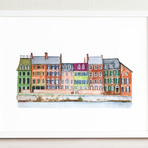 Alexandria Old Town Streetscape Illustrated Art Print | Travel Art Print | Virginia | Street Drawing | Row Houses | Colorful Building