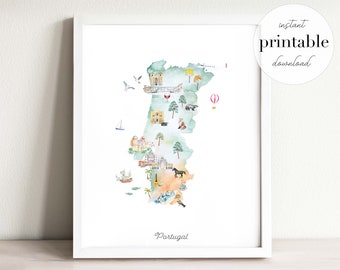 Portugal Illustrated Map Printable, wall art print, nursery decor, landmarks, kids room, travel print, drawing, animal map, country map