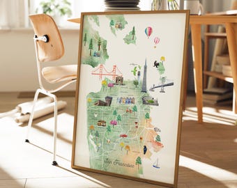 San Francisco Map Art Print: Watercolor City Landmarks