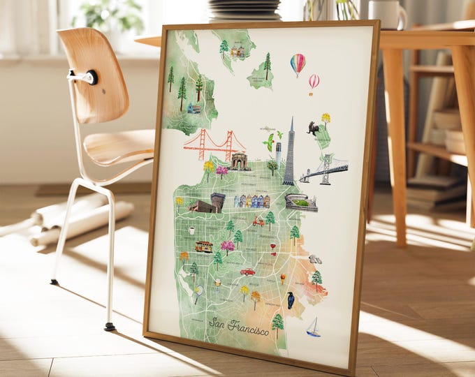 San Francisco Map Art Print: Watercolor City Landmarks