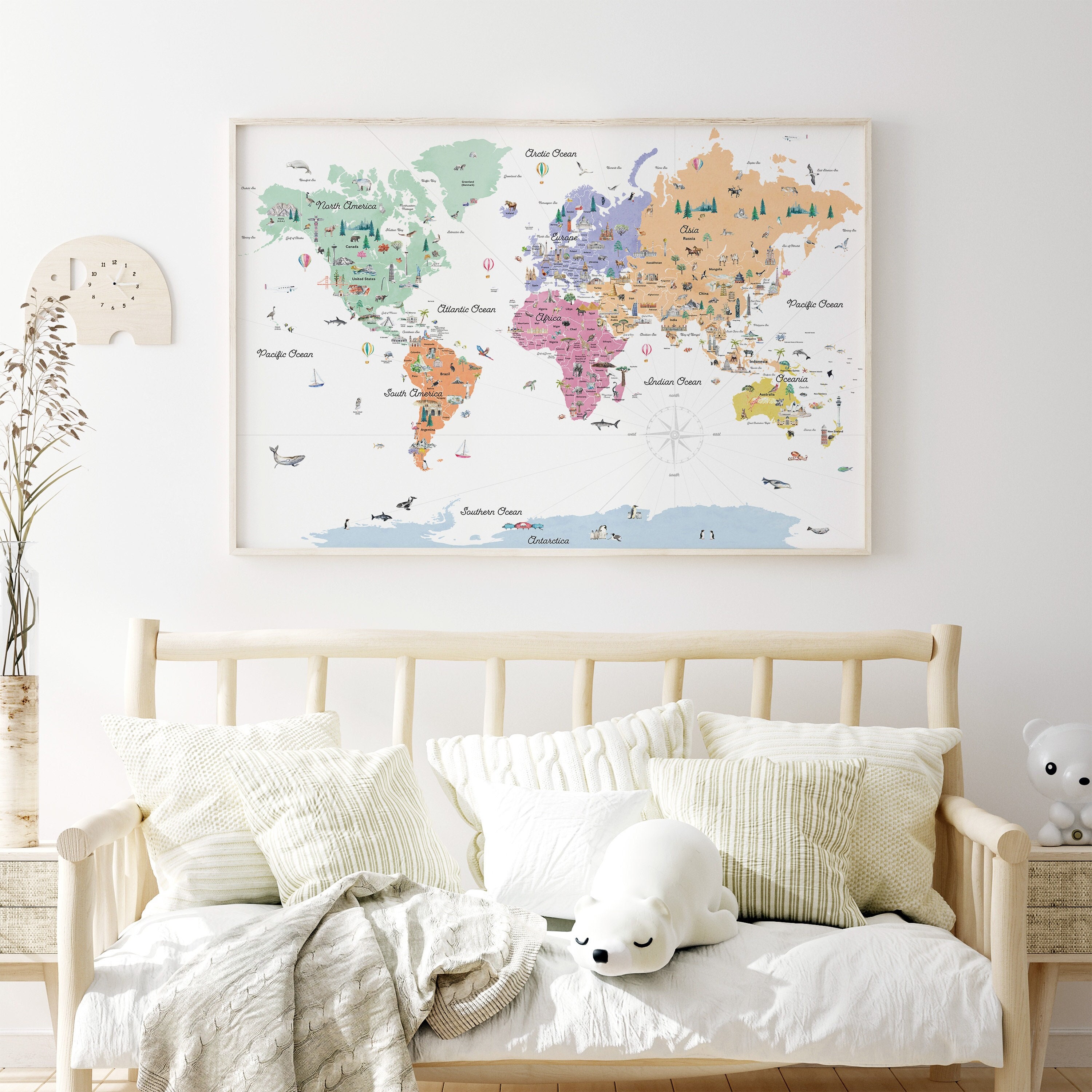 Pastel Watercolor World Map Print: Kids Nursery Decor