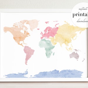 Mapa del mundo multicolor imprimible, ilustración, impresión de arte de pared, decoración de guardería, hito, italia, habitación de los niños, impresión de viaje, arte de viaje, mapa de pared