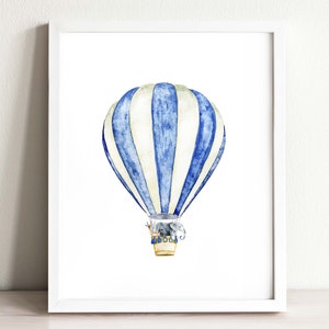 Blue Elephant Hot Air Balloon Watercolor Art Print: Nursery Decor