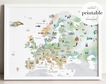 Europe Illustrated Map Printable, wall art print, nursery decor, landmarks, kids room, travel print, drawing, animal map, country map