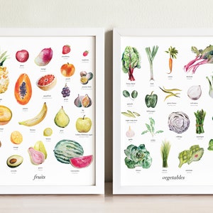 Fruits and Vegetables Art Print Set | wall art, wall decor, housewarming gift, kitchen decor, home decor, watercolor painting, French, food