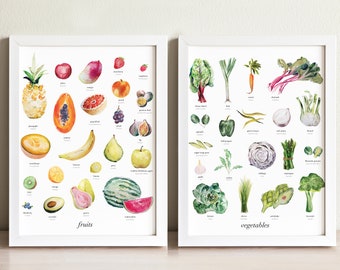 Fruits and Vegetables Art Print Set | wall art, wall decor, housewarming gift, kitchen decor, home decor, watercolor painting, French, food