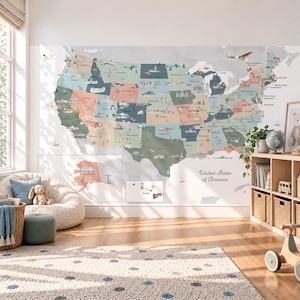 May include: A large wall mural featuring a colorful map of the United States of America with illustrations of regional landmarks, animals, and nature. The map includes Alaska and Hawaii in separate boxes, with the text United States of America.