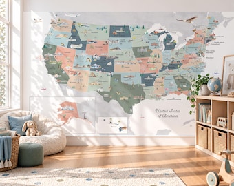 Sky Illustrated Reference United States Map with States, Landmarks, Animals | USA Map Wall Decal | Reference Series