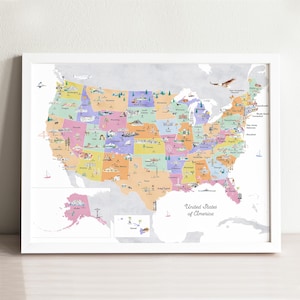 Carte pédagogique des États-Unis, pastel encadrée | Carte politique | Impression de carte des Etats-Unis | Carte du monde de la pépinière | Carte de voyage pour enfants | Amérique