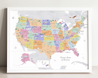 Framed USA Map Print: Watercolor United States Educational Art