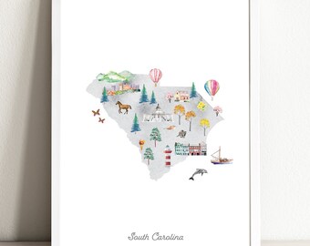 South Carolina Illustrated State Map, art print, nursery decor, nursery wall art, state map poster, USA travel map, kids room, watercolor